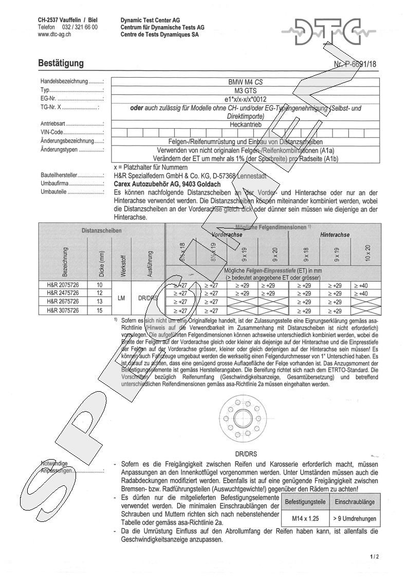 H&R DTC Zertifikat - H&R Spurverbreitungen P-6691/18