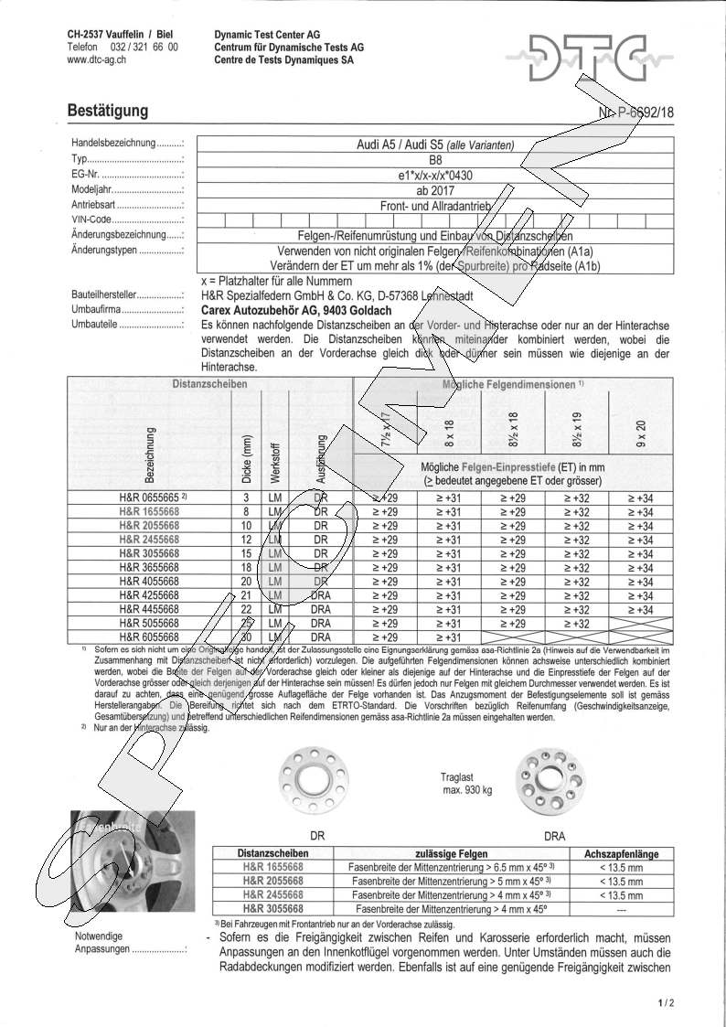 H&R DTC Zertifikat - H&R Spurverbreitungen P-6692/18