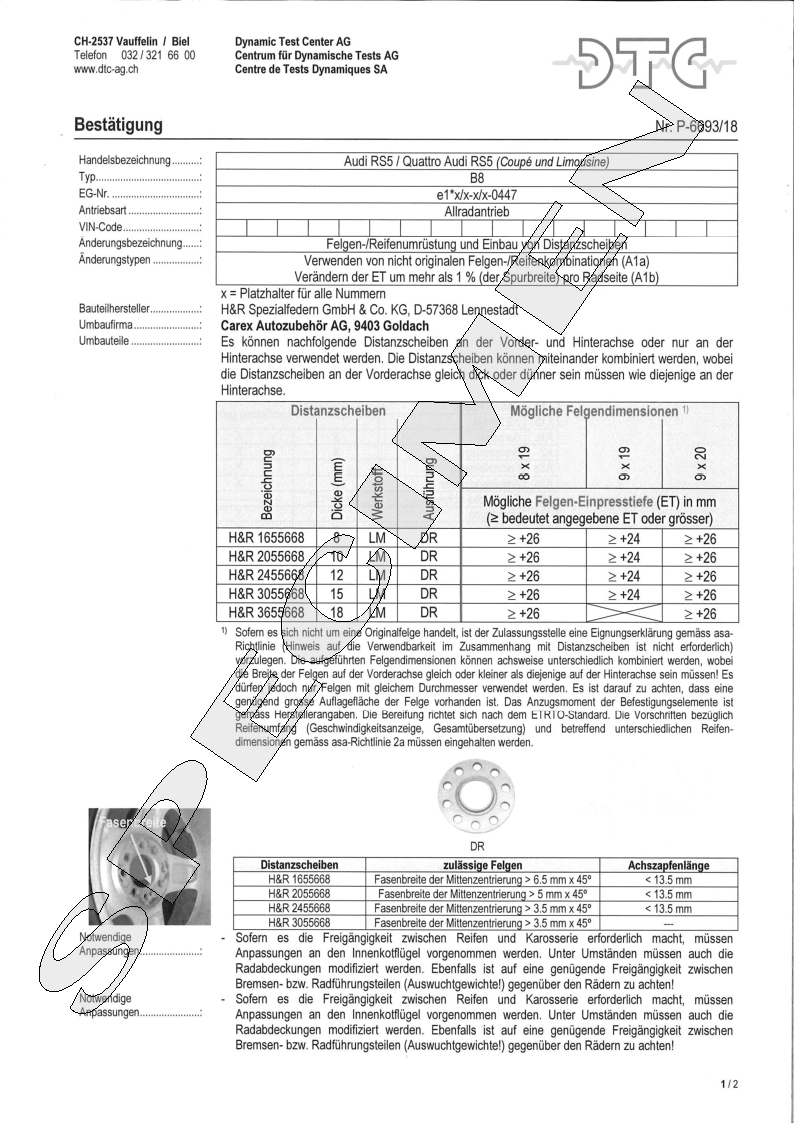 H&R DTC Zertifikat - H&R Spurverbreitungen P-6693/18