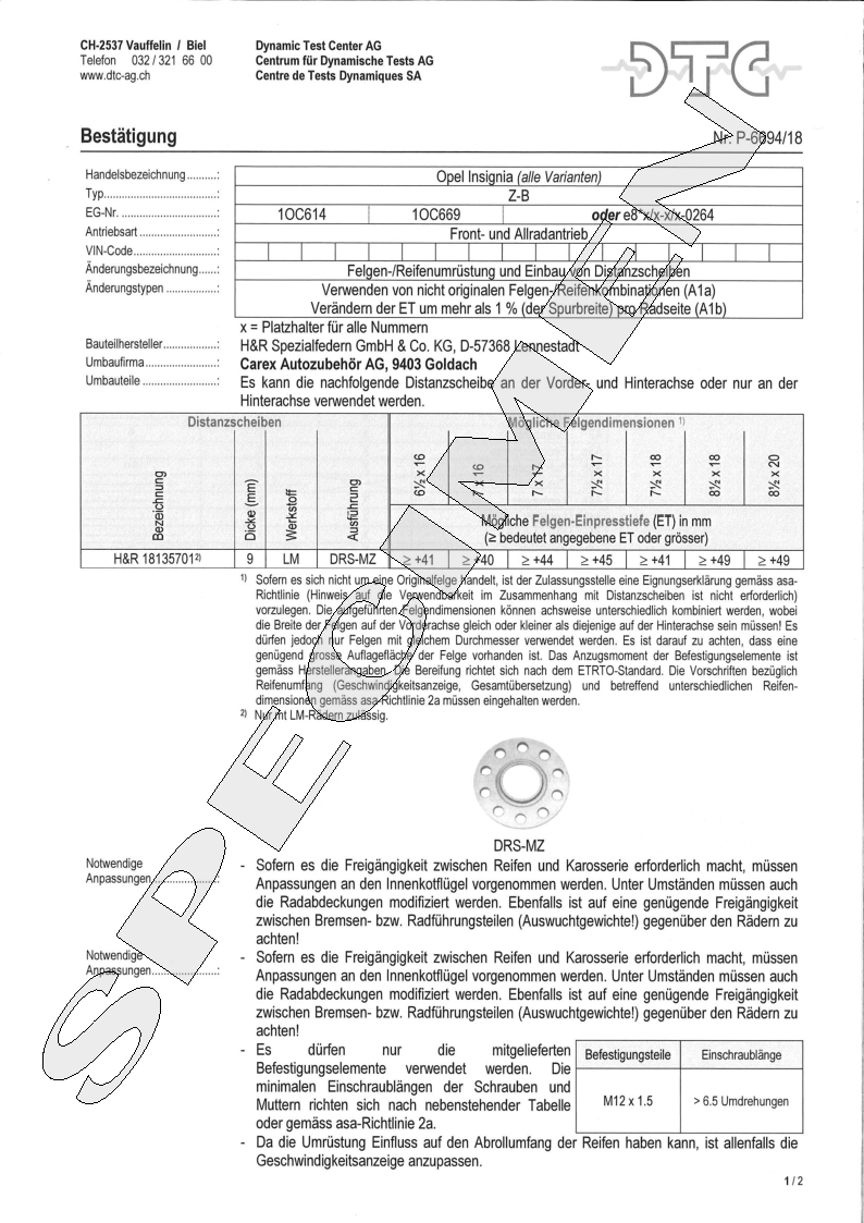 H&R DTC Zertifikat - H&R Spurverbreitungen P-6694/18