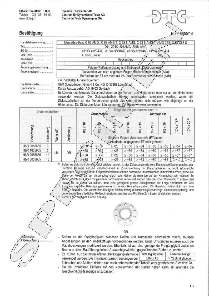 H&R DTC Zertifikat - H&R Spurverbreitungen P-6695/18