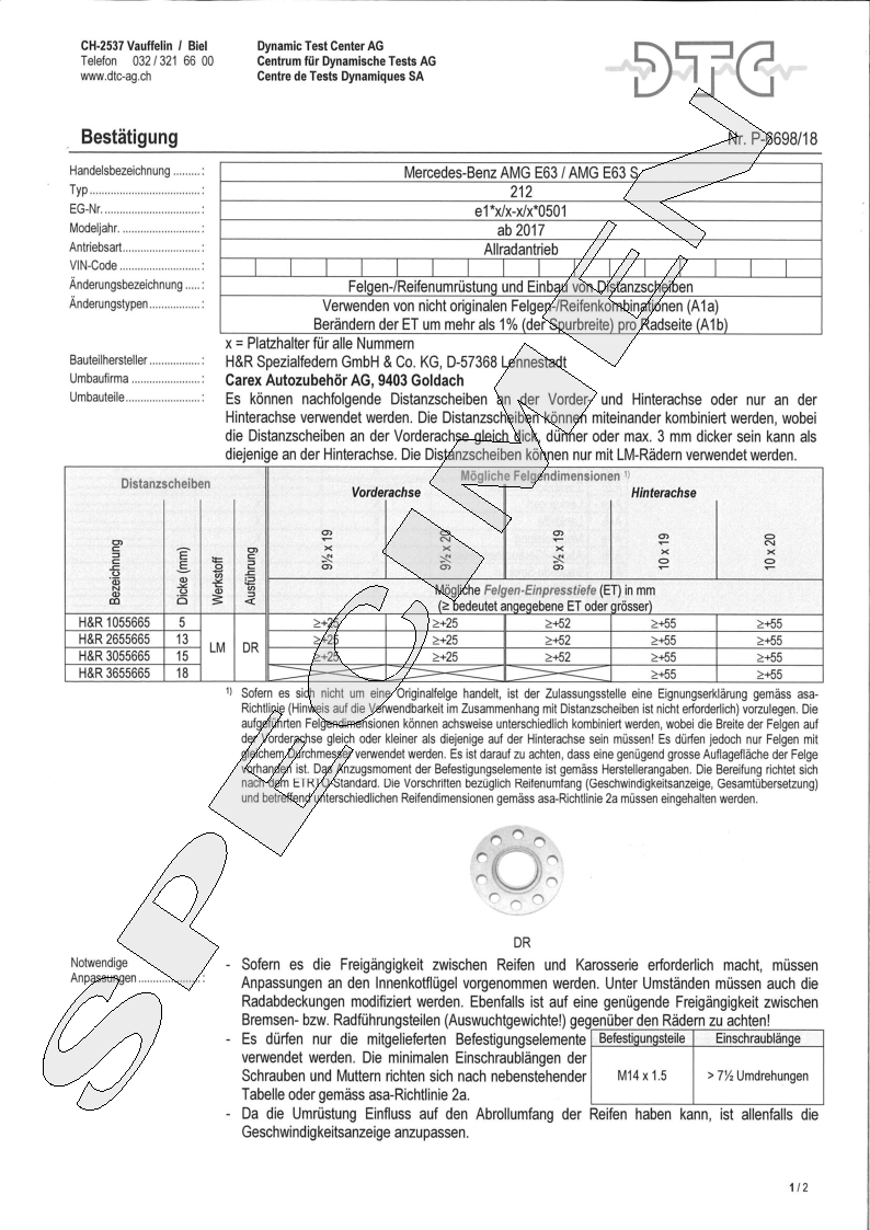 H&R DTC Zertifikat - H&R Spurverbreitungen P-6698/18