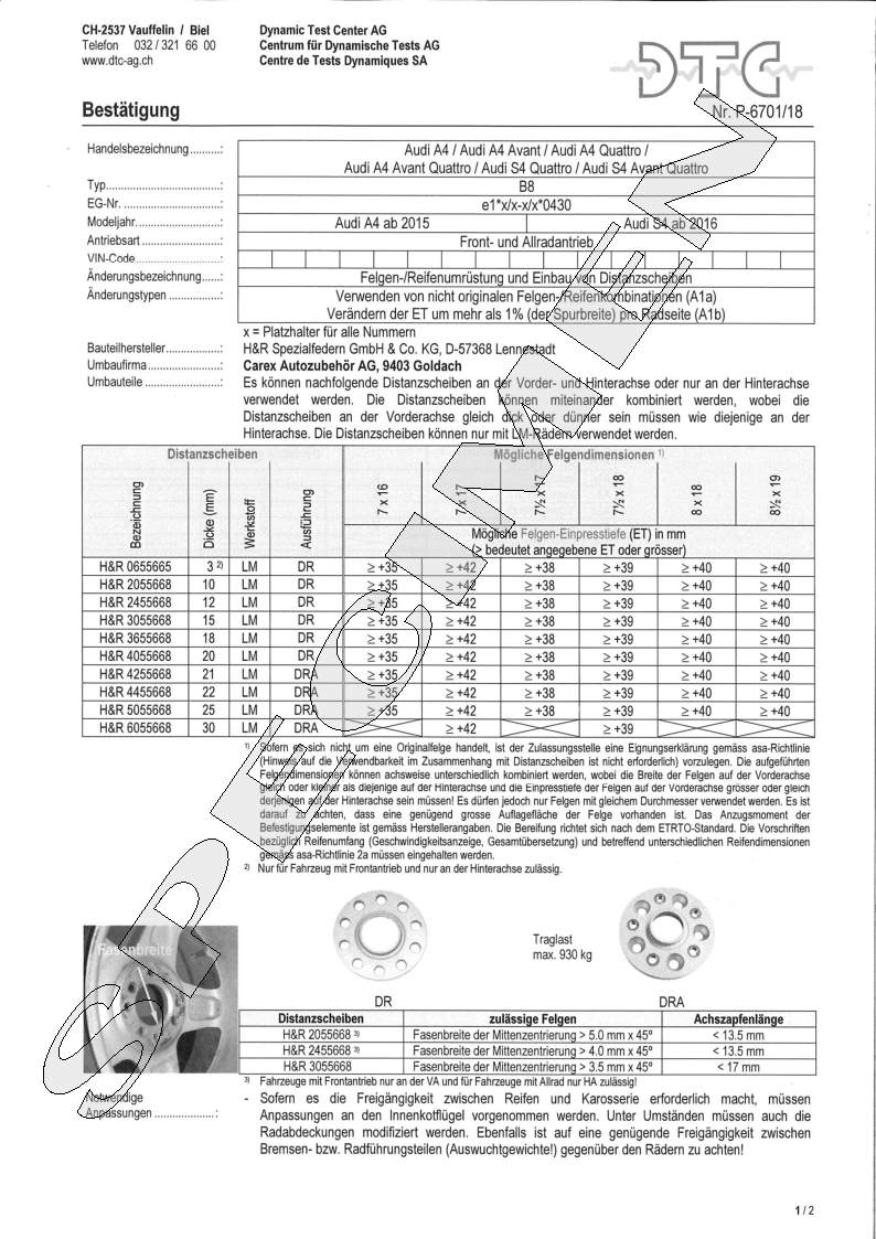 H&R DTC Zertifikat - H&R Spurverbreitungen P-6701/18