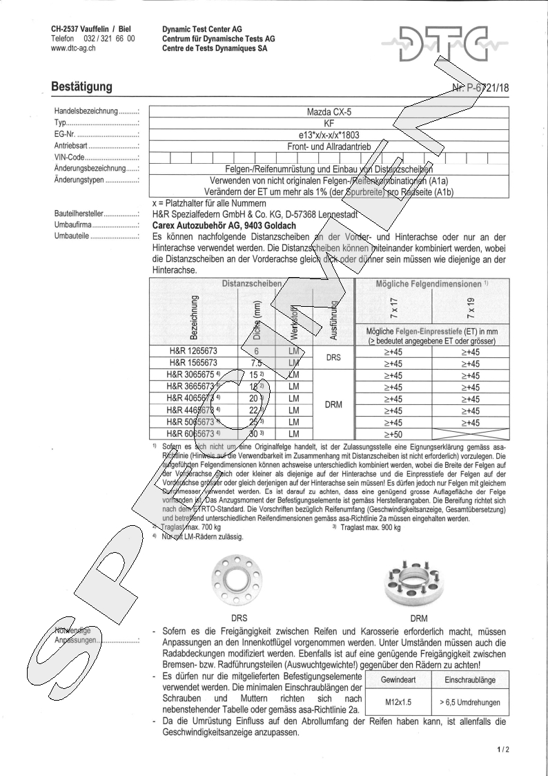 H&R DTC Zertifikat - H&R Spurverbreitungen P-6721/18