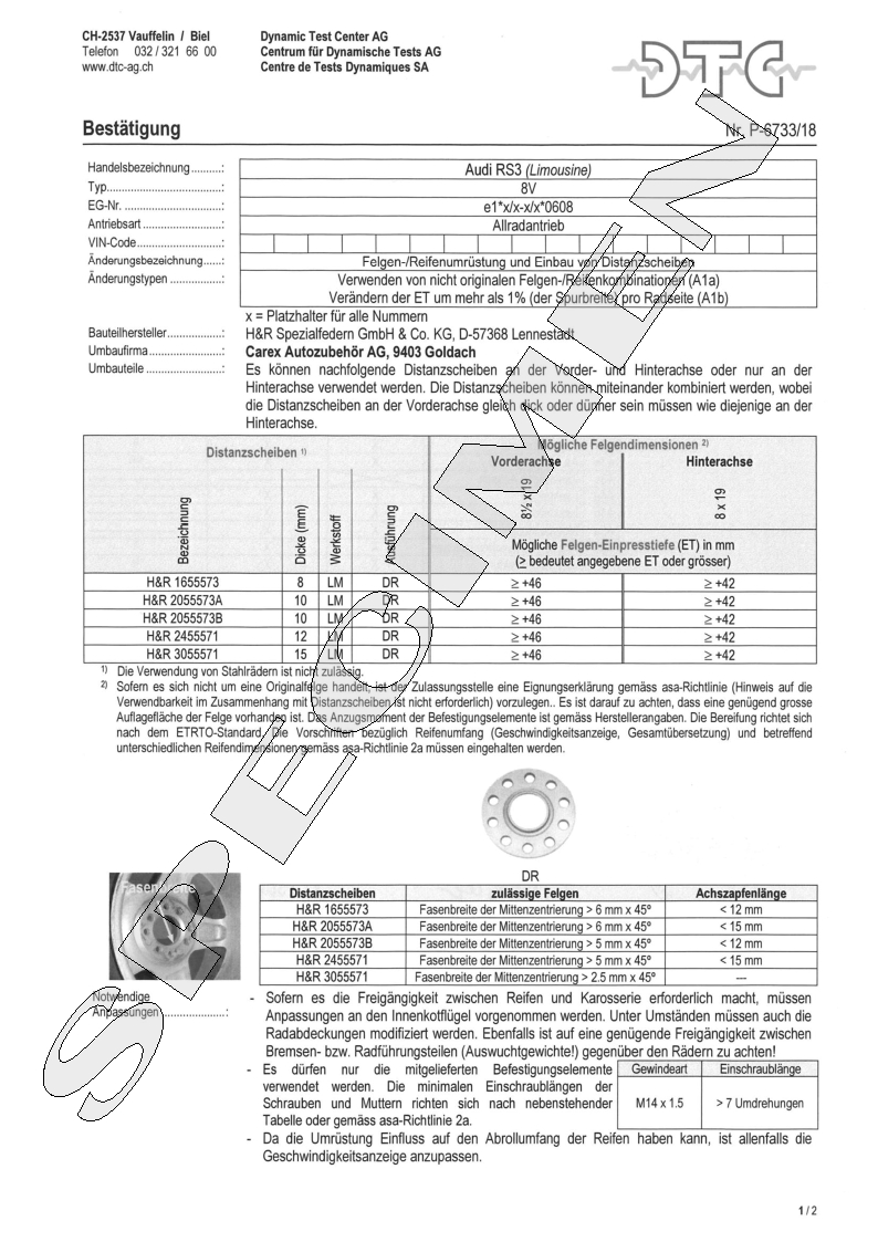 H&R DTC Zertifikat - H&R Spurverbreitungen P-6733/18