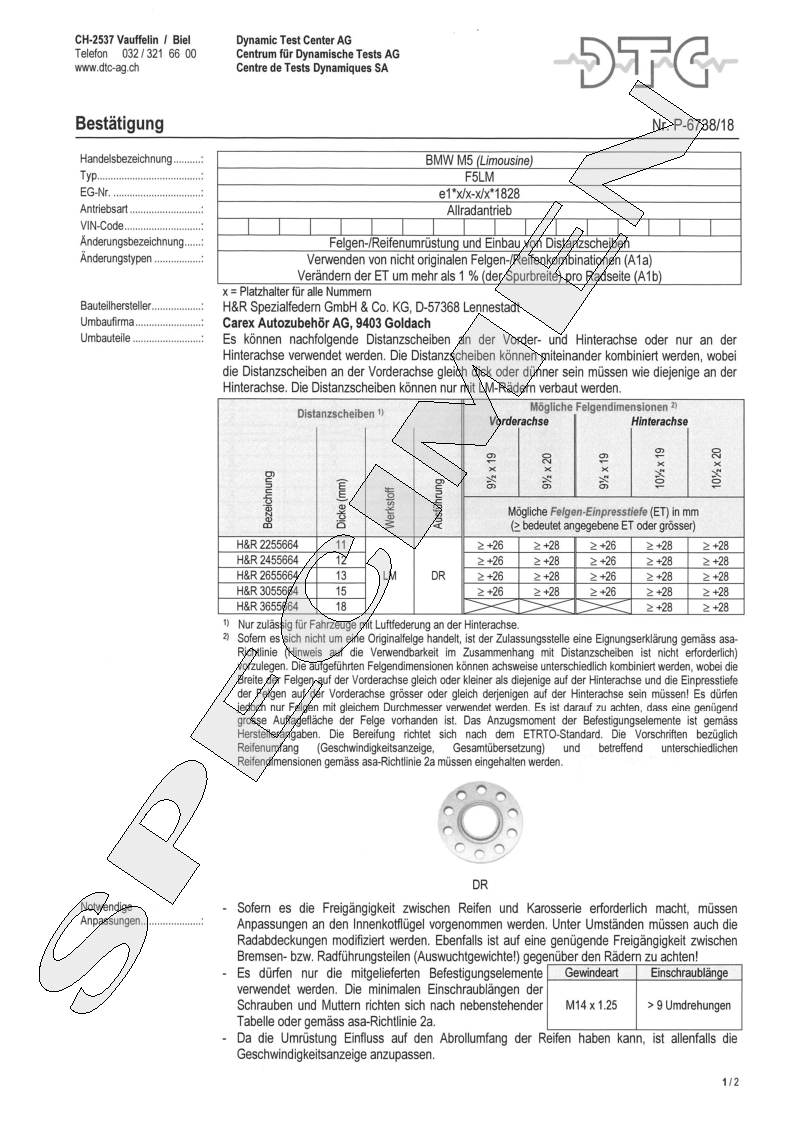 H&R DTC Zertifikat - H&R Spurverbreitungen P-6738/18