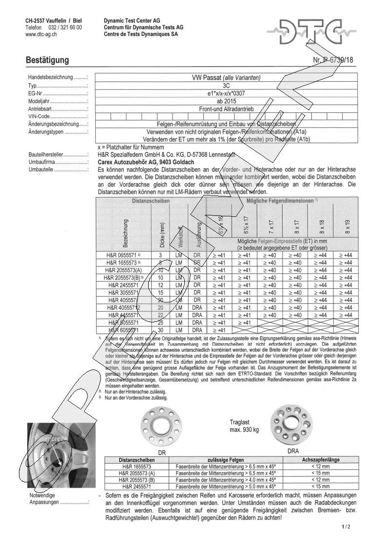 H&R DTC Zertifikat - H&R Spurverbreitungen P-6739/18