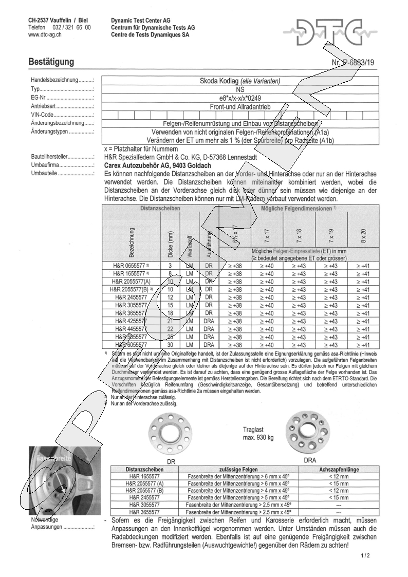 H&R DTC Zertifikat - H&R Spurverbreitungen P-6883/19