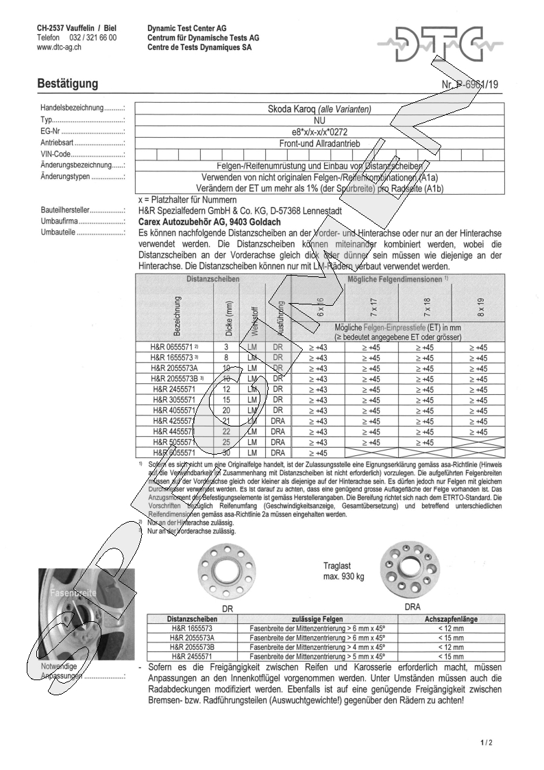 H&R DTC Zertifikat - H&R Spurverbreitungen P-6961/19
