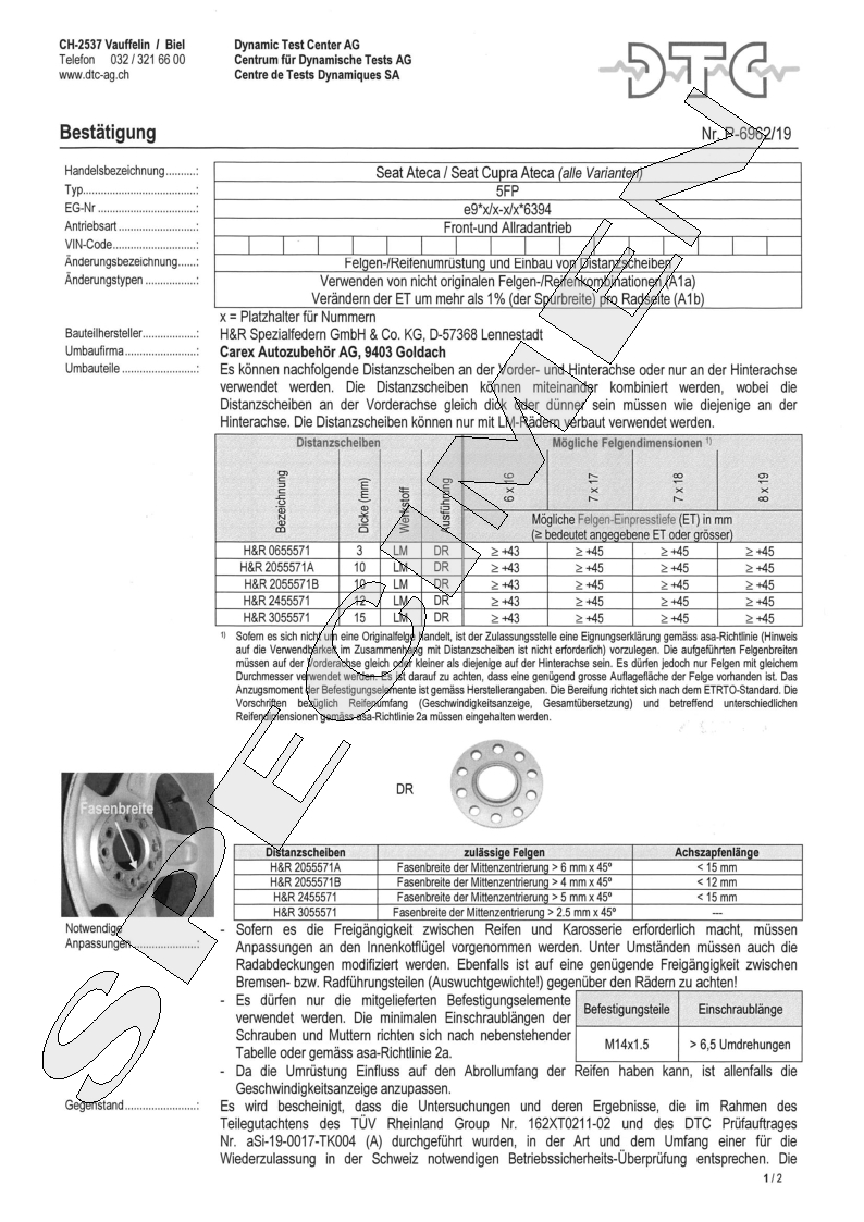 H&R DTC Zertifikat - H&R Spurverbreitungen P-6962/19
