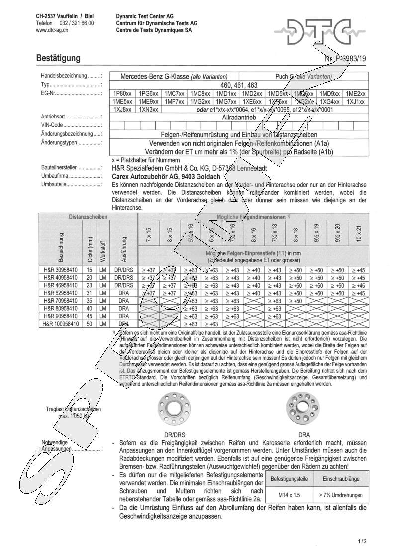 H&R DTC Zertifikat - H&R Spurverbreitungen P-6983/19