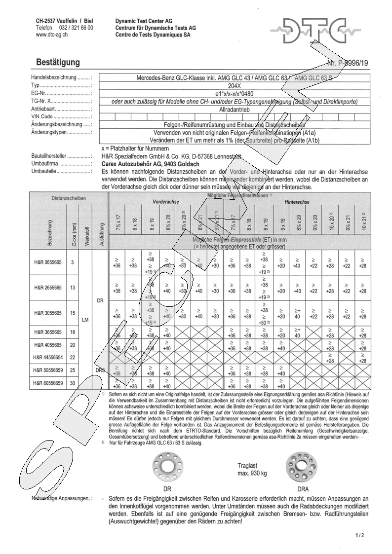 H&R DTC Zertifikat - H&R Spurverbreitungen P-6996/19