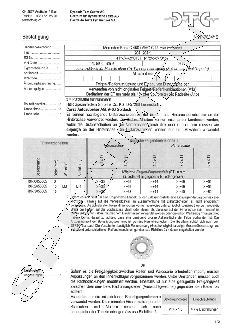 H&R DTC Zertifikat - H&R Spurverbreitungen P-7054/19