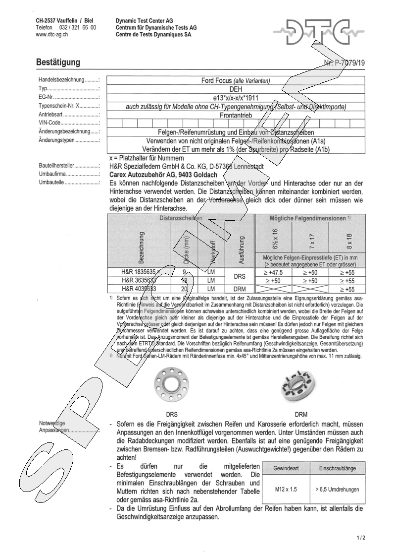 H&R DTC Zertifikat - H&R Spurverbreitungen P-7079/19
