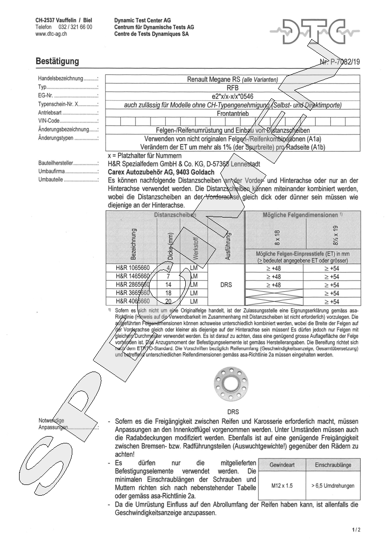 H&R DTC Zertifikat - H&R Spurverbreitungen P-7082/19