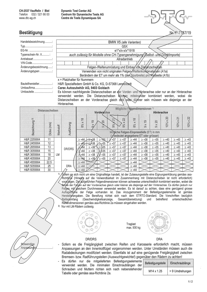 H&R DTC Zertifikat - H&R Spurverbreitungen P-7157/19