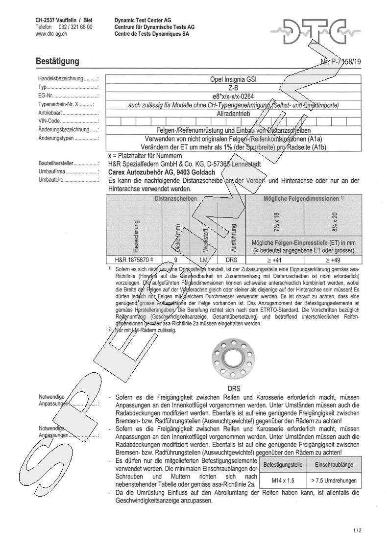 H&R DTC Zertifikat - H&R Spurverbreitungen P-7158/19