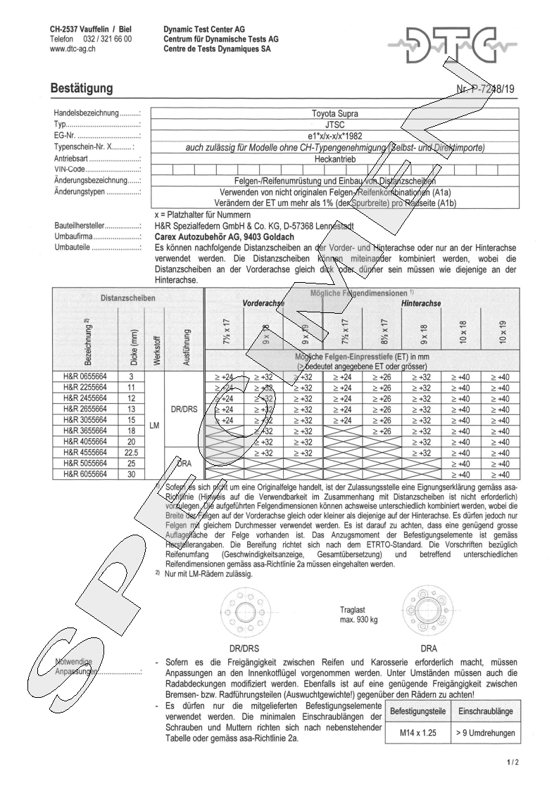 H&R DTC Zertifikat - H&R Spurverbreitungen P-7248/19