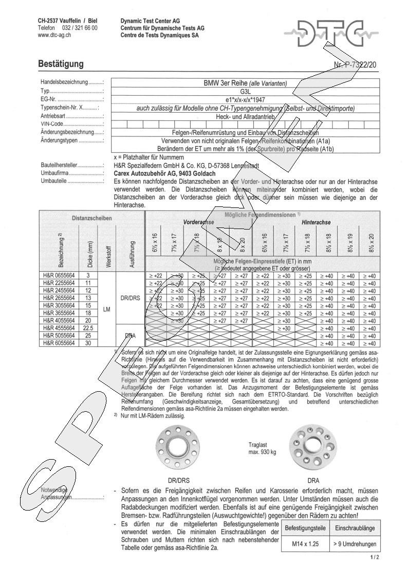 H&R DTC Zertifikat - H&R Spurverbreitungen P-7322/20