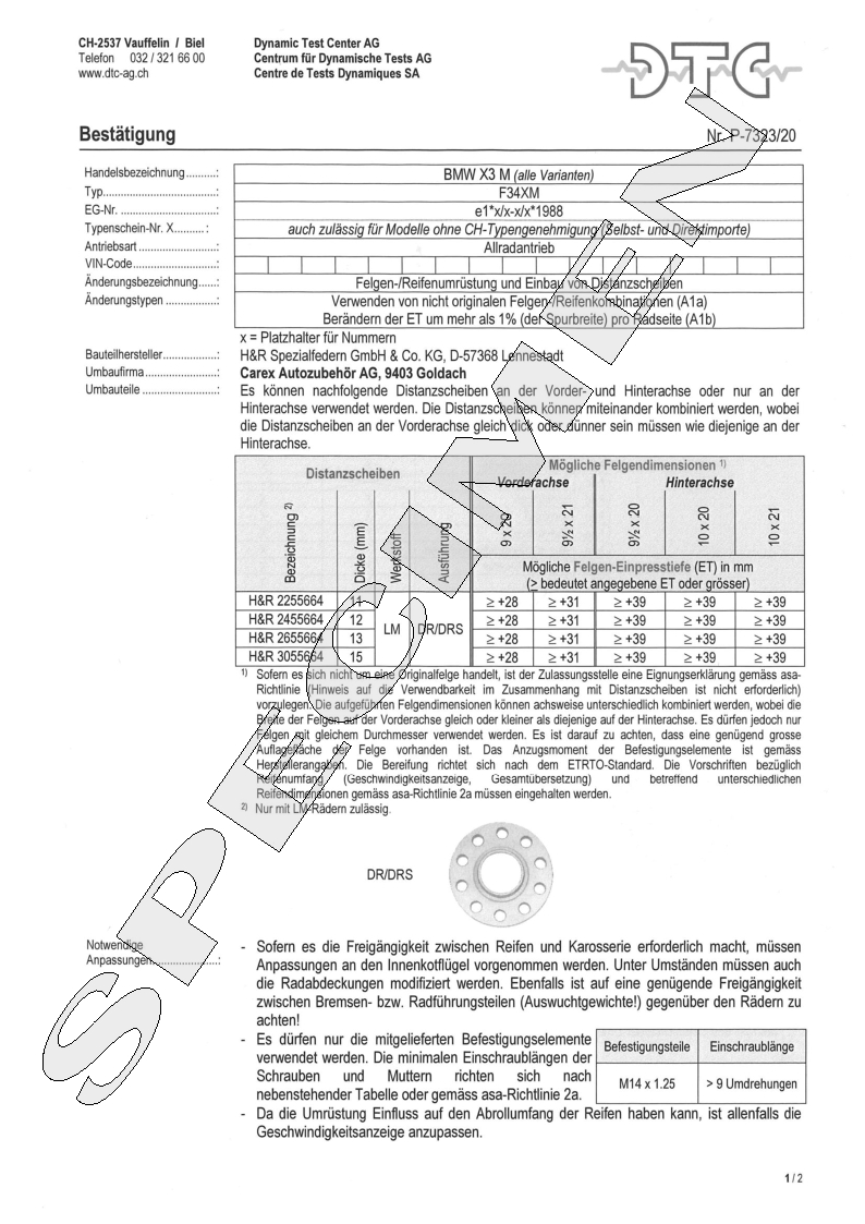 H&R DTC Zertifikat - H&R Spurverbreitungen P-7323/20