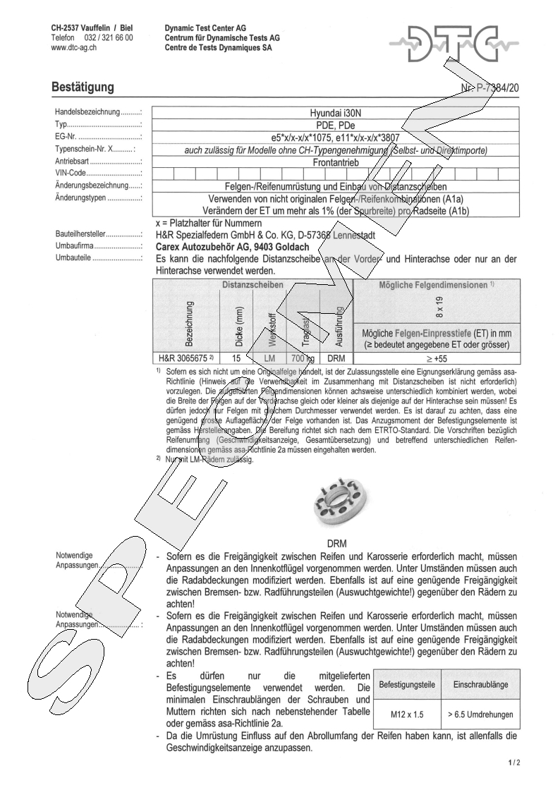 H&R DTC Zertifikat - H&R Spurverbreitungen P-7384/20