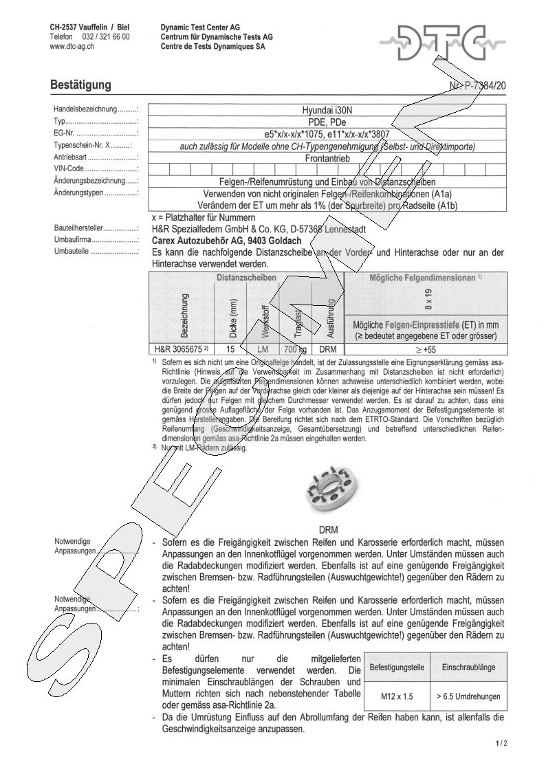 H&R DTC Zertifikat - H&R Spurverbreitungen P-7384/20