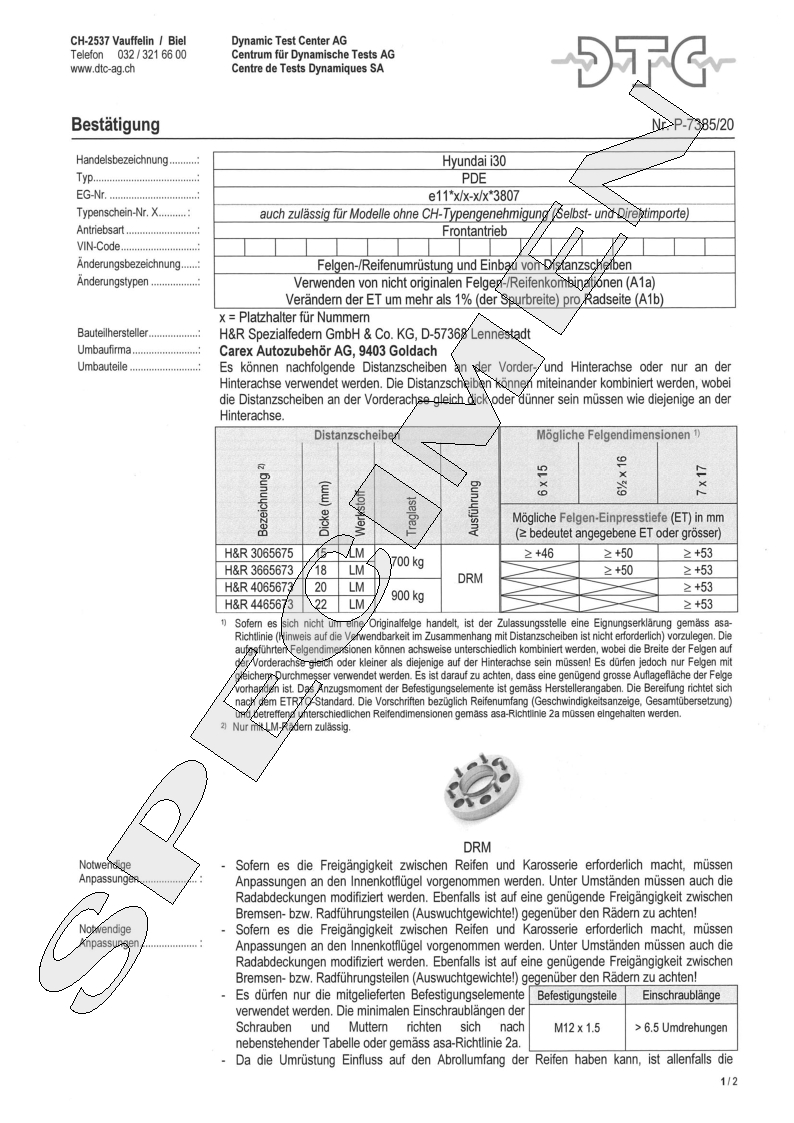 H&R DTC Zertifikat - H&R Spurverbreitungen P-7385/20