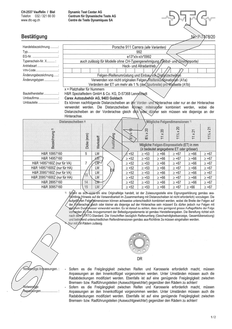 H&R DTC Zertifikat - H&R Spurverbreitungen P-7478/20