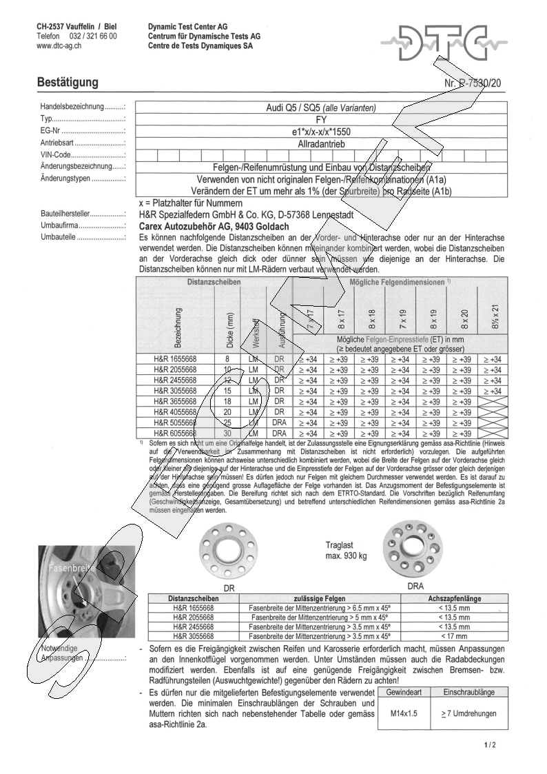 H&R DTC Zertifikat - H&R Spurverbreitungen P-7530/20