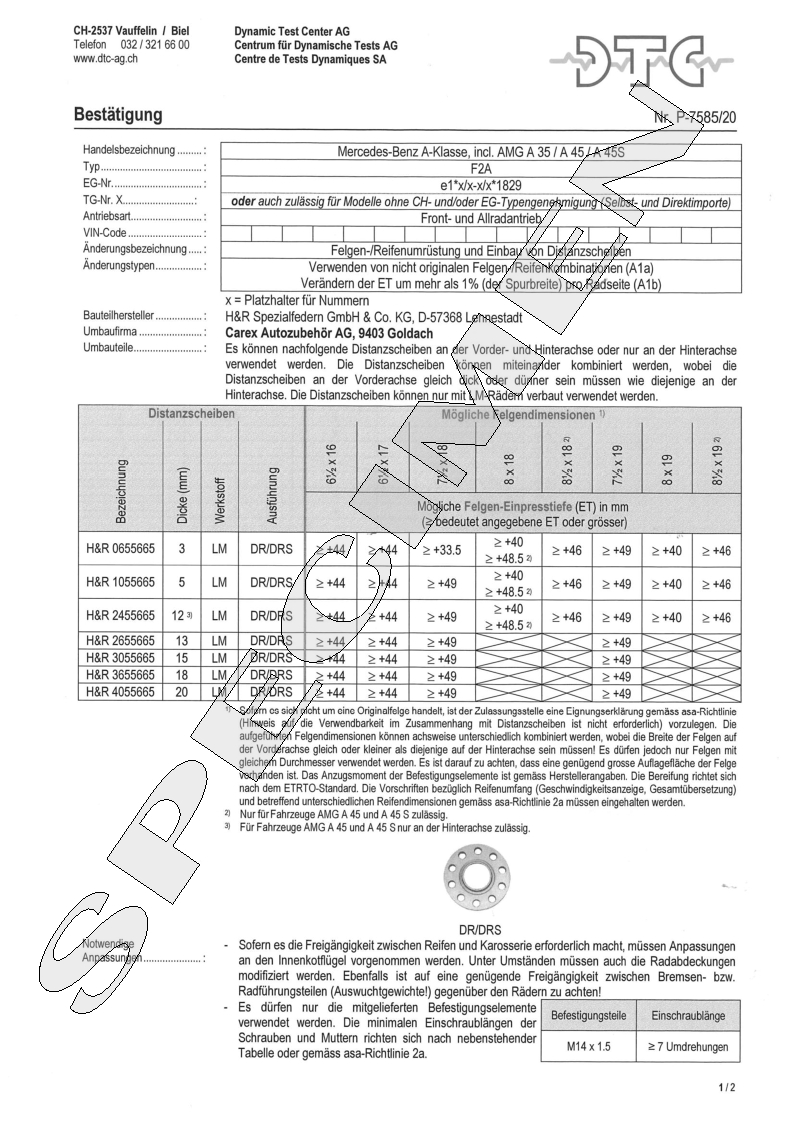 H&R DTC Zertifikat - H&R Spurverbreitungen P-7585/20