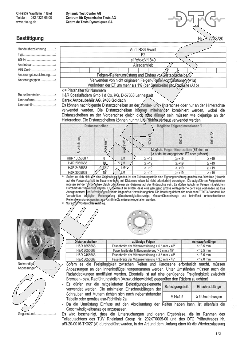 H&R DTC Zertifikat - H&R Spurverbreitungen P-7733/20