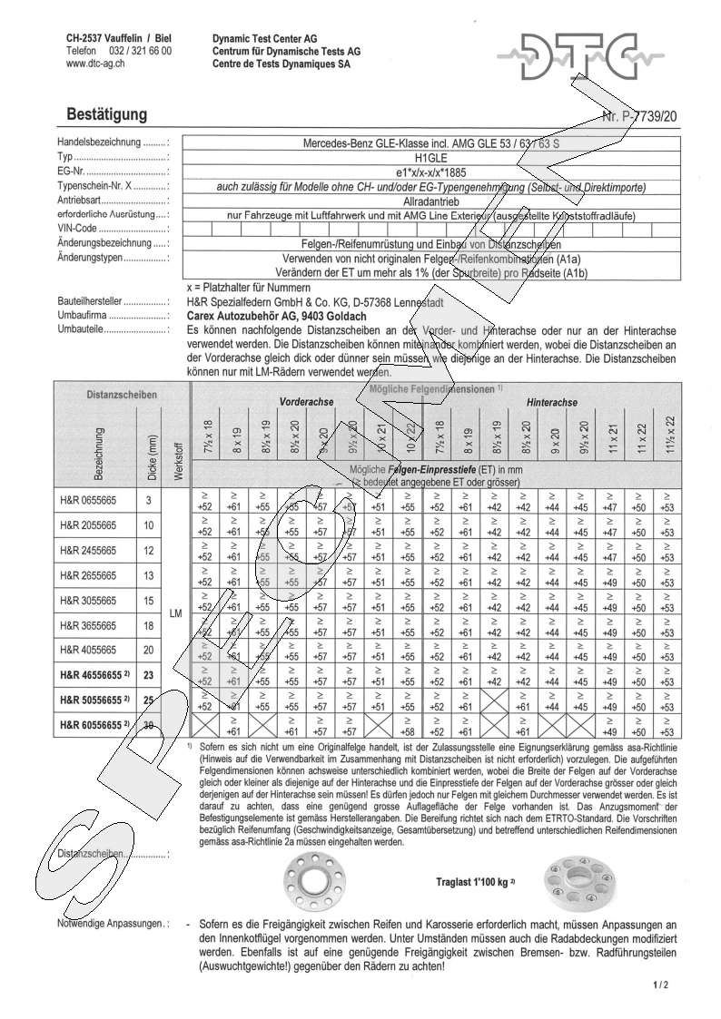 H&R DTC Zertifikat - H&R Spurverbreitungen P-7739/20