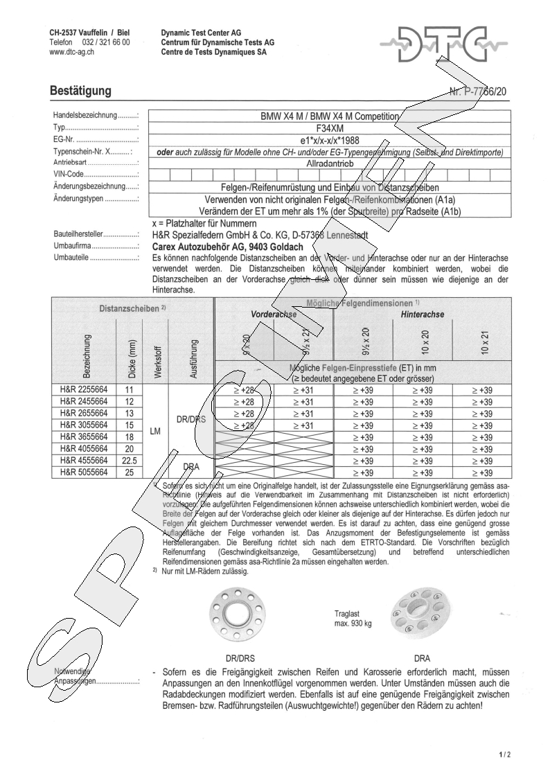 H&R DTC Zertifikat - H&R Spurverbreitungen P-7766/20