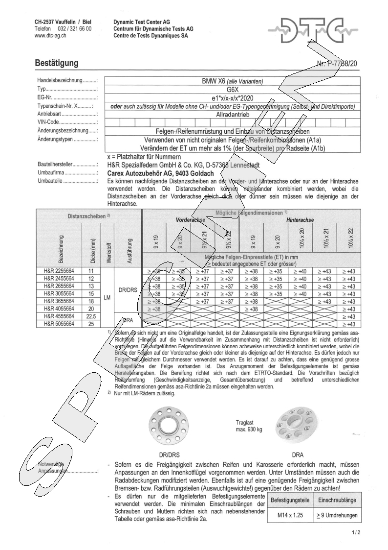 H&R DTC Zertifikat - H&R Spurverbreitungen P-7768/20