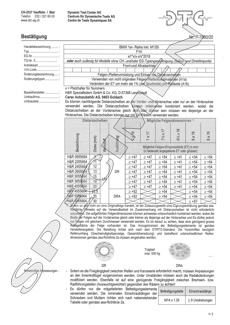 H&R DTC Zertifikat - H&R Spurverbreitungen P-7880/20