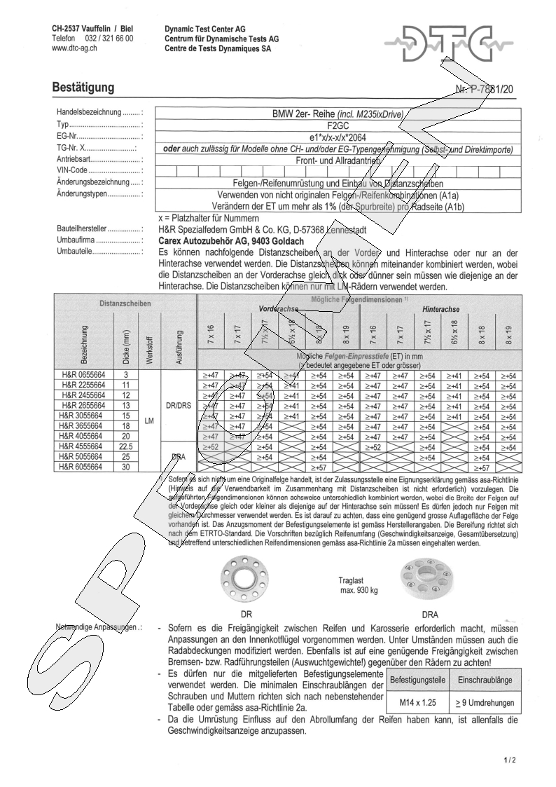 H&R DTC Zertifikat - H&R Spurverbreitungen P-7881/20