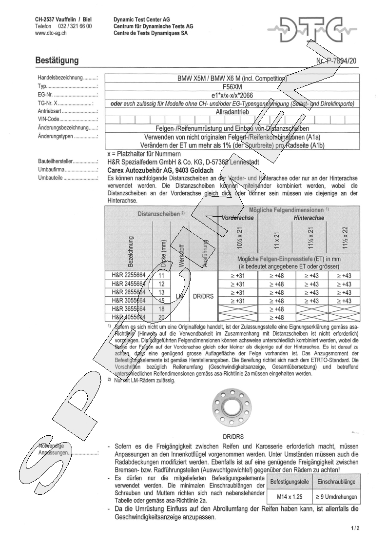 H&R DTC Zertifikat - H&R Spurverbreitungen P-7894/20
