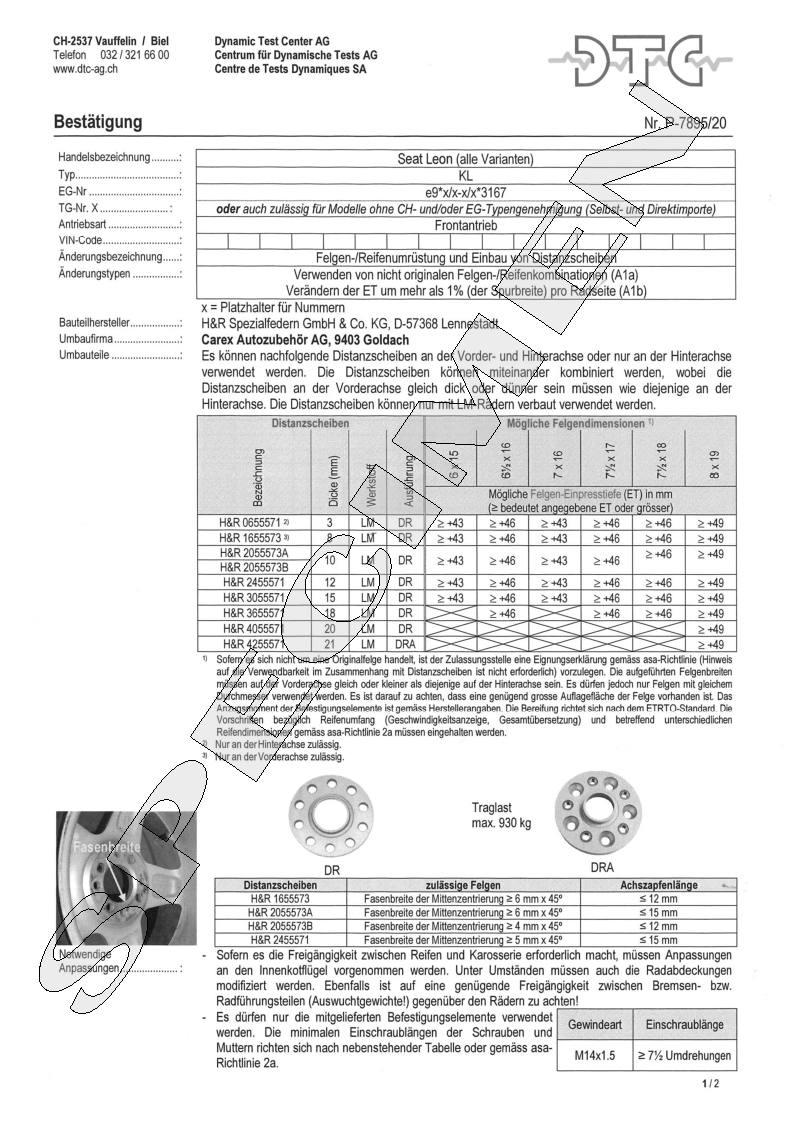 H&R DTC Zertifikat - H&R Spurverbreitungen P-7895/20