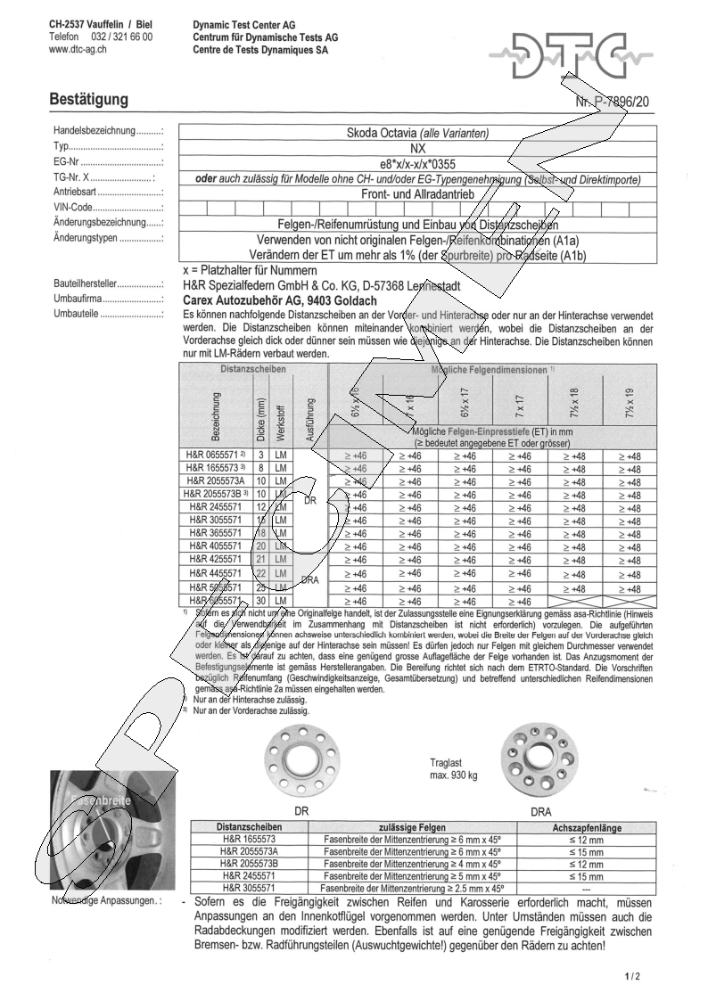 H&R DTC Zertifikat - H&R Spurverbreitungen P-7896/20
