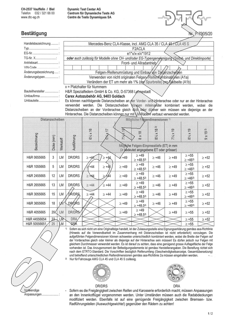 H&R DTC Zertifikat - H&R Spurverbreitungen P-7905/20