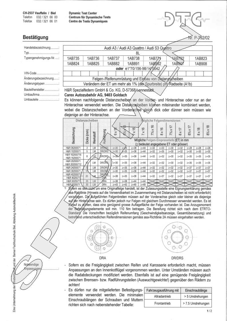 H&R DTC Zertifikat - H&R Spurverbreitungen P-792/02