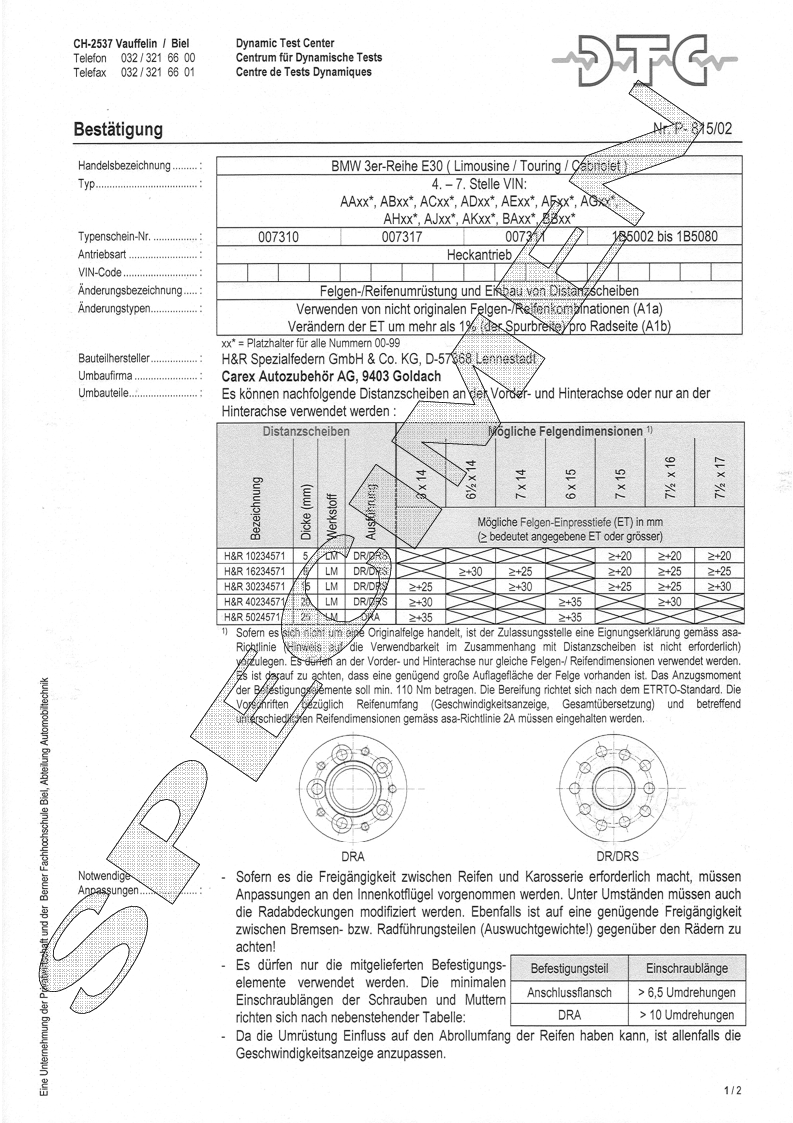 H&R DTC Zertifikat - H&R Spurverbreitungen P-815/02