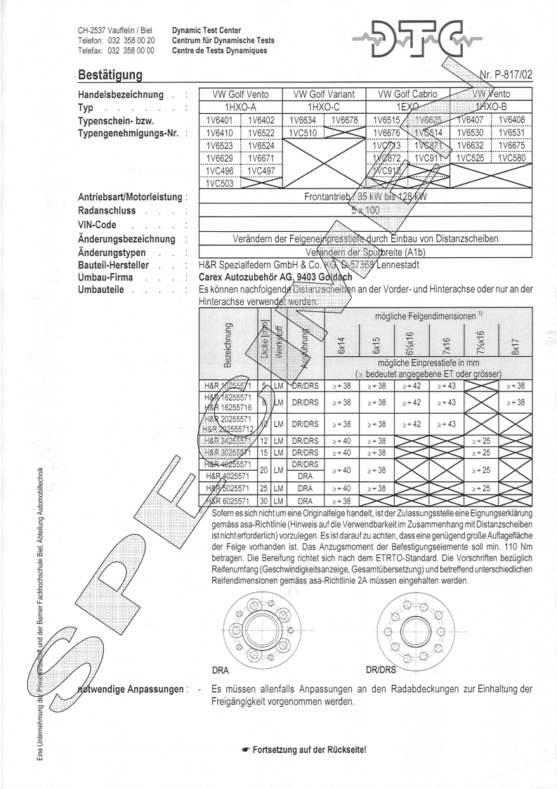 H&R DTC Zertifikat - H&R Spurverbreitungen P-817/02