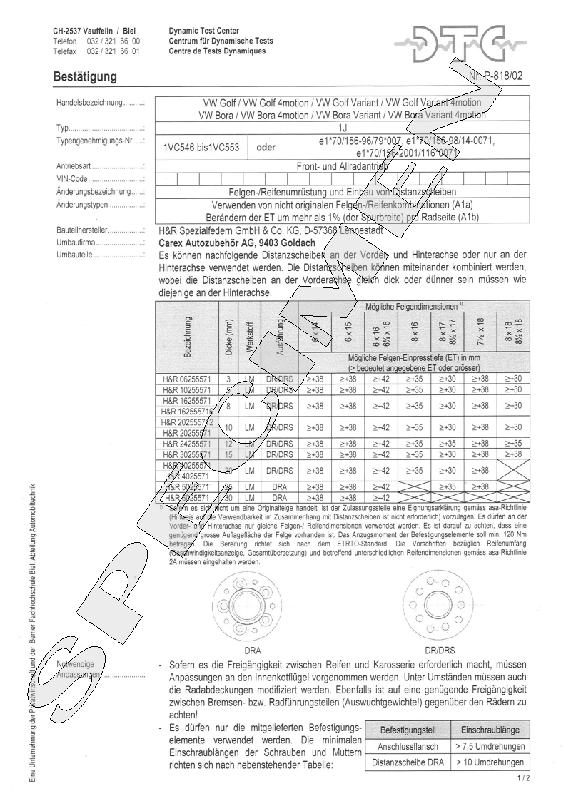 H&R DTC Zertifikat - H&R Spurverbreitungen P-818/02