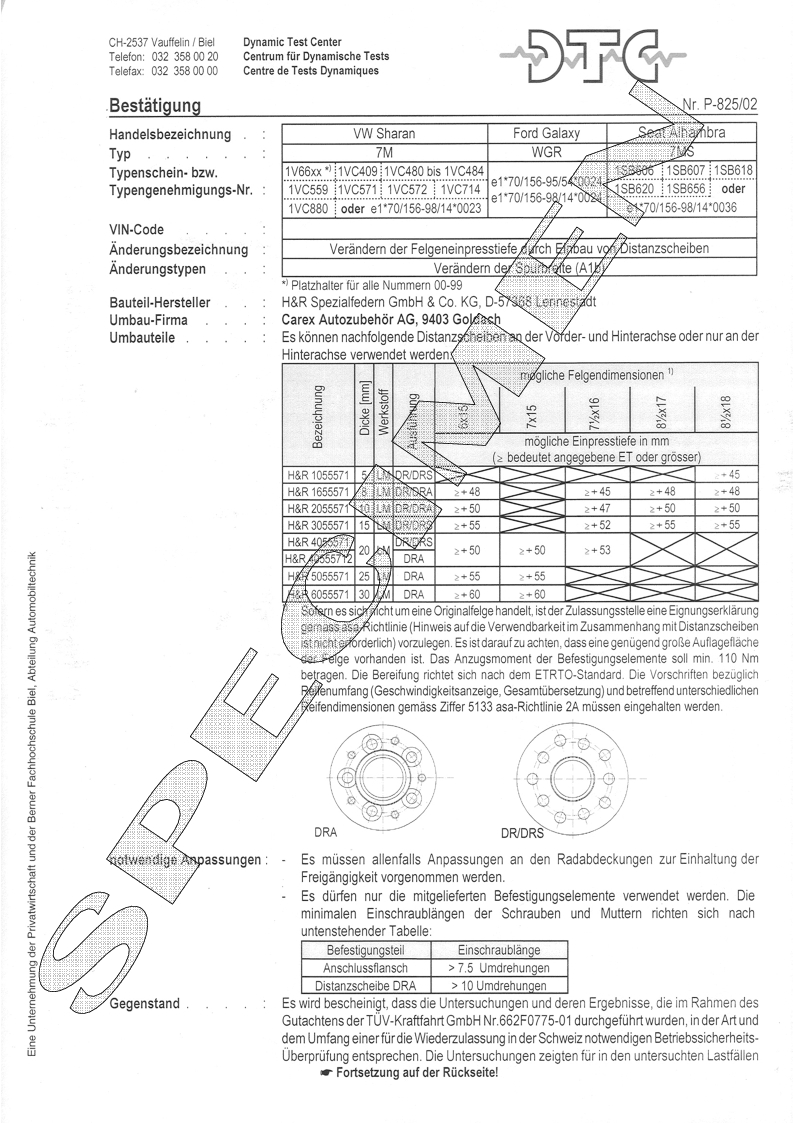 H&R DTC Zertifikat - H&R Spurverbreitungen P-825/02