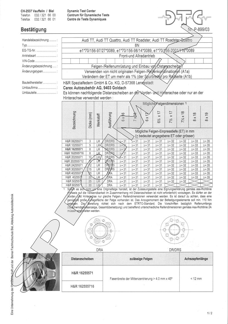 H&R DTC Zertifikat - H&R Spurverbreitungen P-899/03