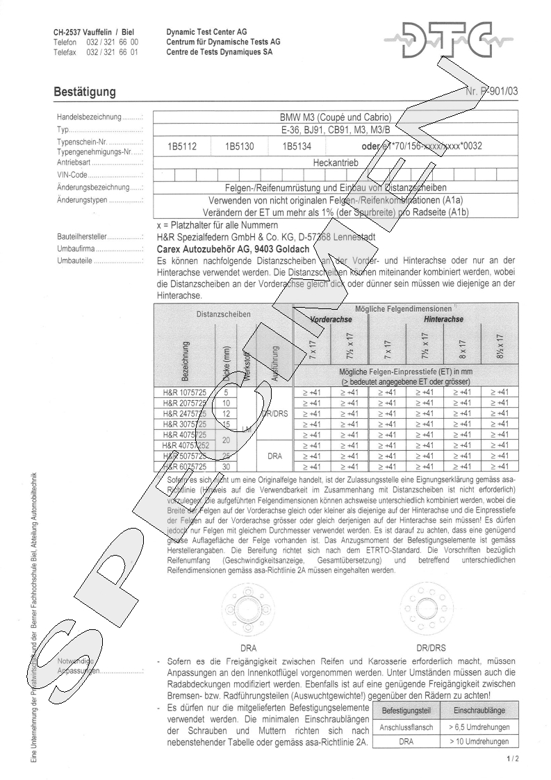 H&R DTC Zertifikat - H&R Spurverbreitungen P-901/03
