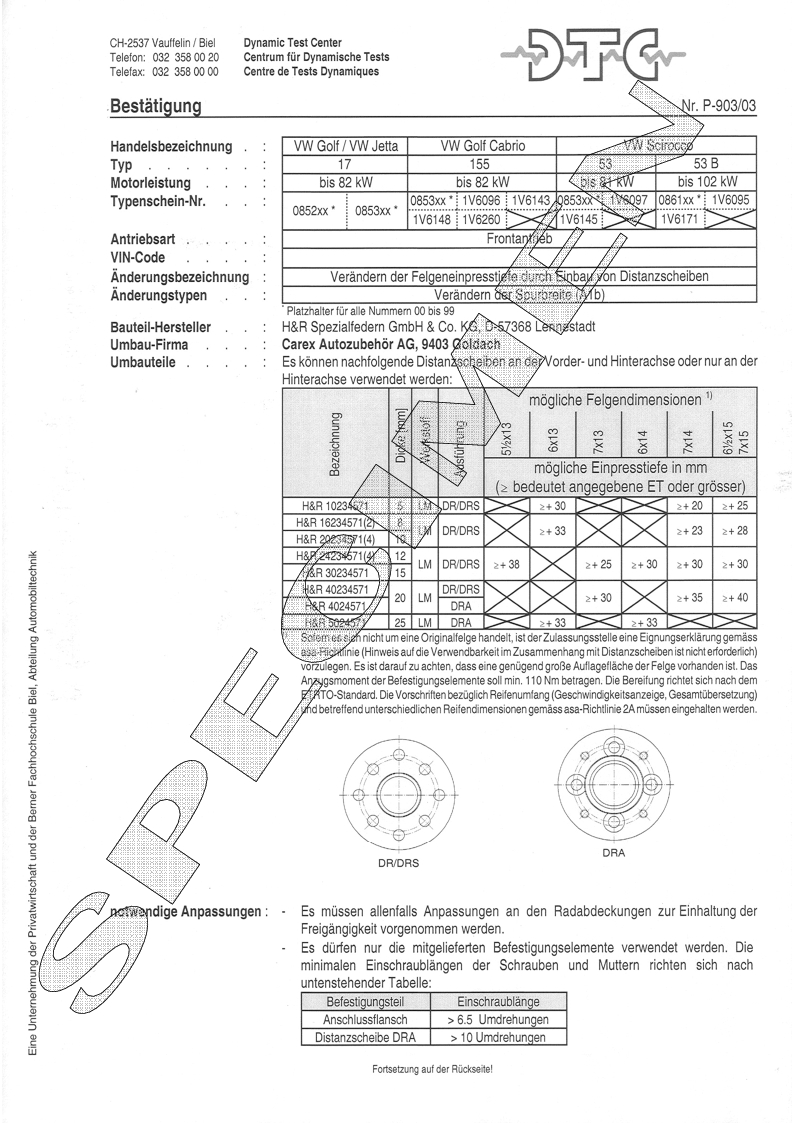 H&R DTC Zertifikat - H&R Spurverbreitungen P-903/03