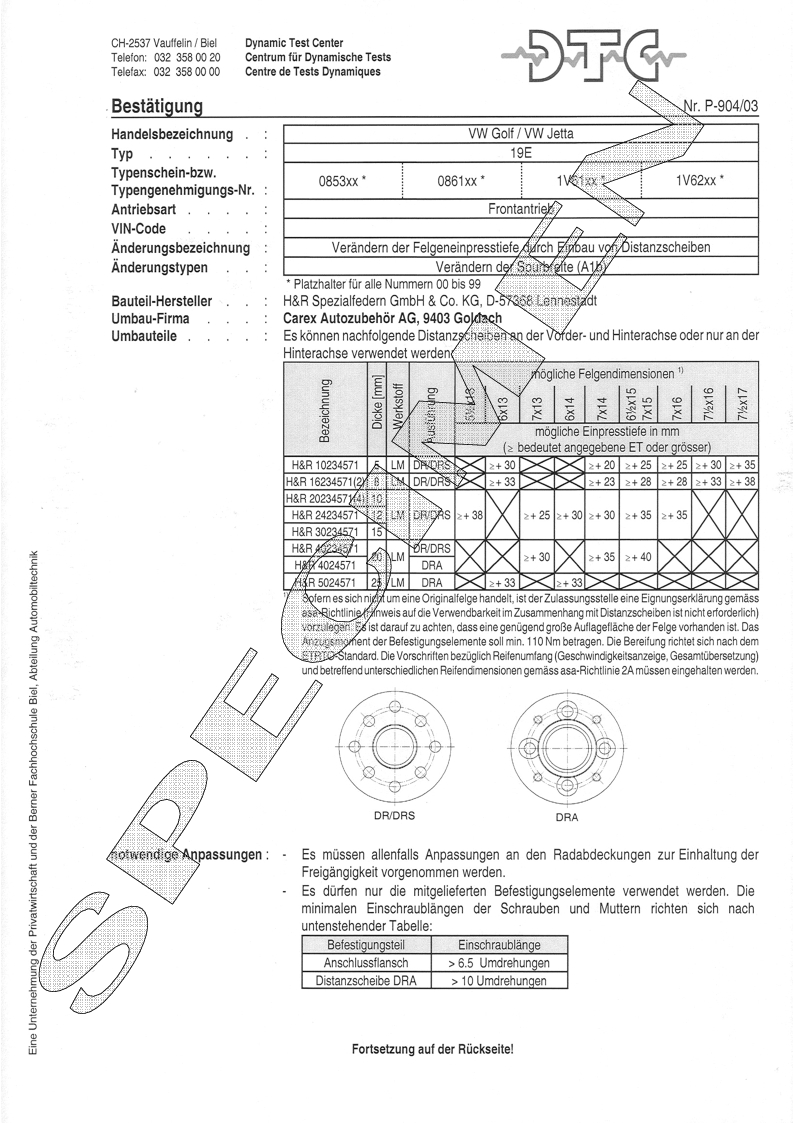 H&R DTC Zertifikat - H&R Spurverbreitungen P-904/03