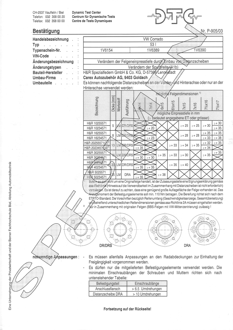 H&R DTC Zertifikat - H&R Spurverbreitungen P-905/03